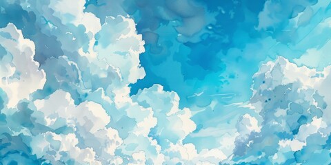 Beautiful blue sky with a white clouds in a sunny day. Watercolor illustration. AI generated