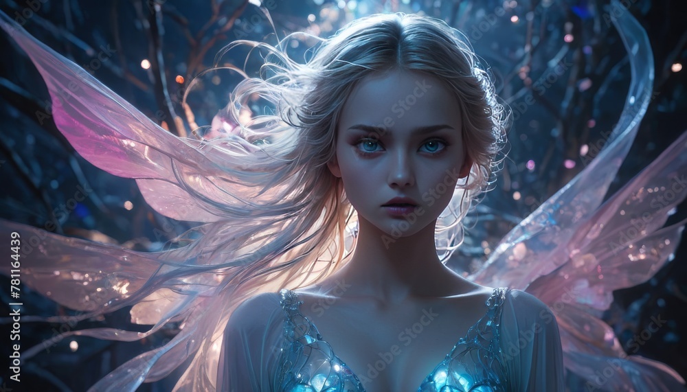 Poster a celestial fae with delicate wings is captured amidst an enchanted, sparkling forest, her expressio