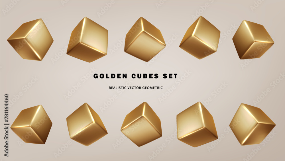 Poster realistic cube in various positions. vector geometric shapes 3d golden collection. geometric primiti