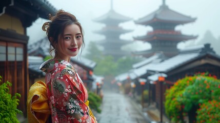 Young Woman in Kimono Smiling on Historic Japanese Street