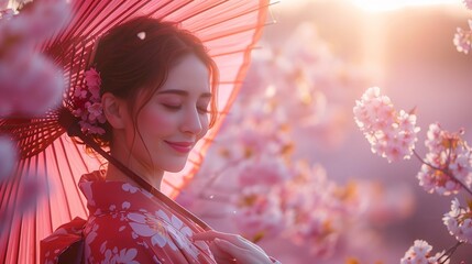 Tranquil Woman with Parasol Enjoying Cherry Blossom Season