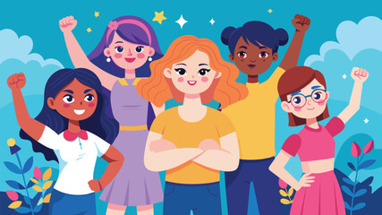 Diverse group of happy friends, woman power, girl unity and joy vector cartoon illustration.
