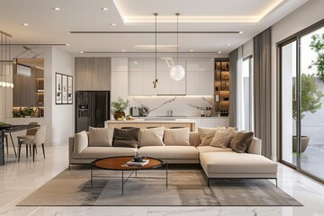 Spacious and modern open plan living space that blends the kitchen and living room seamlessly. - obrazy, fototapety, plakaty