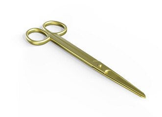 Golden Surgical Medical Scissors Curved. 3D rendering isolated on white background