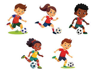 Kids playing Soccer, energetic vector cartoon illustration. Soccer Practice with vibrant Children Characters, dynamic sports scene.