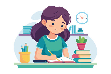Little girl enjoys writing, a creative moment vector cartoon illustration. Schoolgirl focused on study, classroom scene.