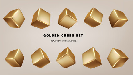Realistic cube in various positions. Vector geometric shapes 3d golden collection. Geometric primitives. Minimal Decoration elements
