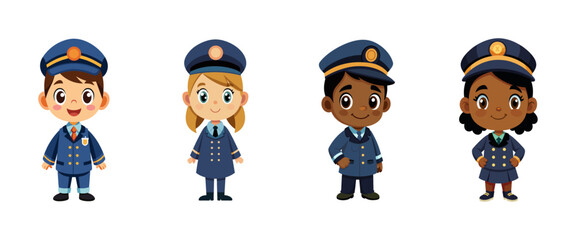Fototapeta na wymiar Diverse group of children dressed as railway workers, vector cartoon illustration.