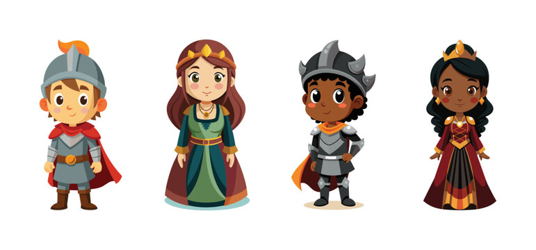 Kids dressed in medieval knight and princess costumes, vector cartoon illustration.