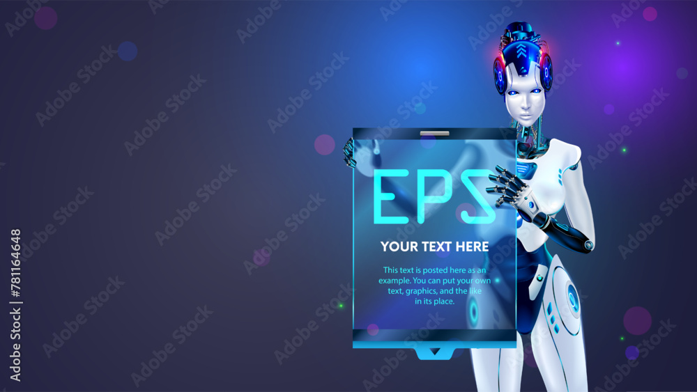 Aufkleber AI or artificial intelligence in the form of a humanoid female robot holds an empty poster or screen template in its hands. Vector. AI bot presents business report. Robot Speaker presentation about AI