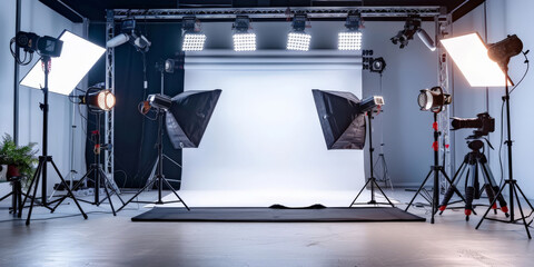  photo studio with lighting and chair, Interior of modern photo studi,   photography studio with white walls, cameras and lighting equipment set up in the background.