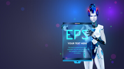 AI or artificial intelligence in the form of a humanoid female robot holds an empty poster or screen template in its hands. Vector. AI bot presents business report. Robot Speaker presentation about AI - obrazy, fototapety, plakaty
