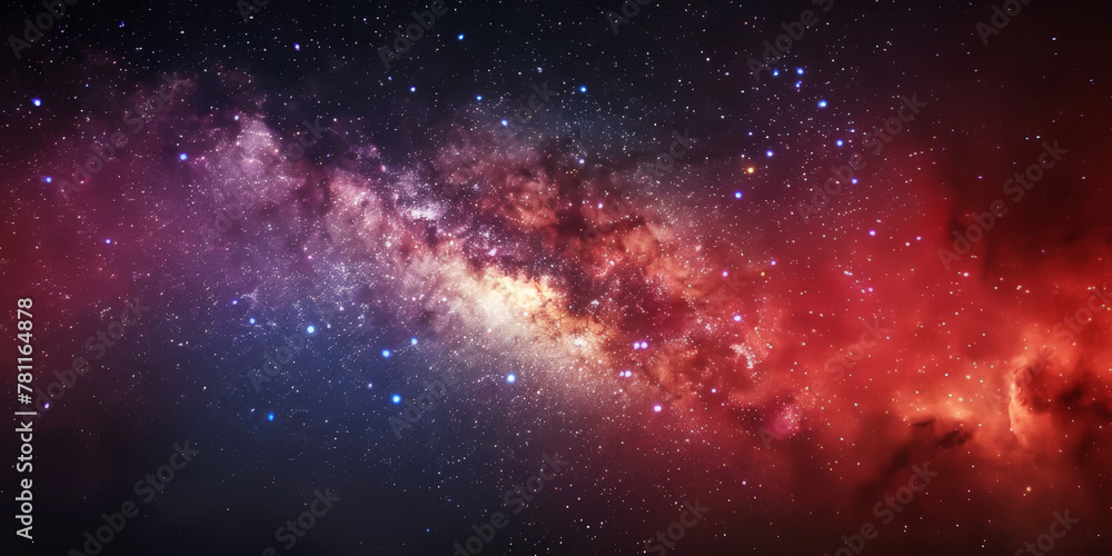 Wall mural background with space, clouds streak across the red milky way, galaxy with stars on night starry sky