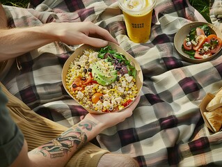 Person Enjoying a Healthy Picnic with Grain Bowl and Smoothie Outdoors