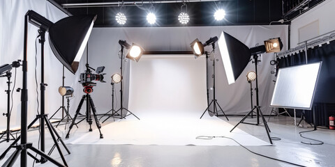 Fototapeta na wymiar photo studio with lighting and chair, Interior of modern photo studi, photography studio with white walls, cameras and lighting equipment set up in the background.