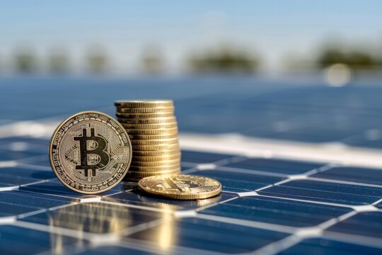 Bitcoin coins on solar panels representing sustainable cryptocurrency investment