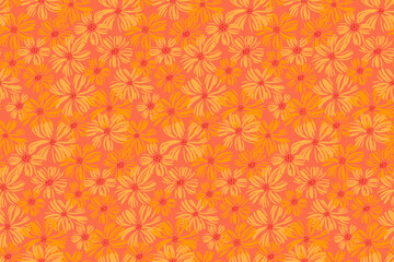 Orange monotone ditsy flowers seamless pattern. Abstract artistic shapes floral brush printing. Summer blossoms meadow background. Vector hand drawn illustration. Template for designs