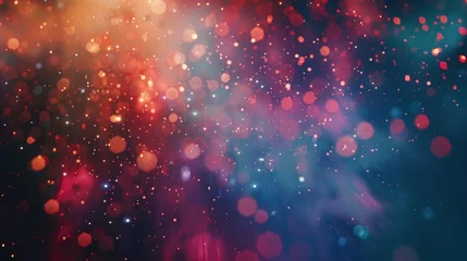 Fotobehang Abstract blurry background of vibrant bokeh lights in red, blue, and pink tones, creating a festive or celebratory mood. © David