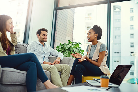 Business people, teamwork and meeting for brainstorming, laptop and creative agency with social impact. Journalist, graphic design and editing with company development and culture article with ideas