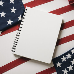 Obraz premium Top view of fireworks for independence day with American flags and notebook