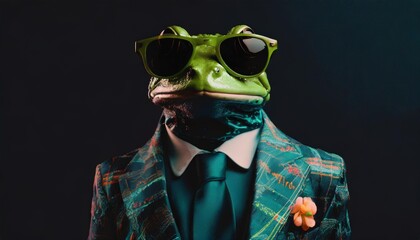 fashion frog in color suit with sunglasses on a solid color background vector art digital art faceted minimal abstract geometric generative ai
