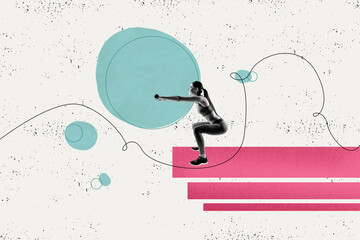 Fitness conceptual collage photo of young athlete woman slim fit warmups limbering doing situps...
