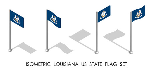 Isometric Louisiana US state in static position and in motion on flagpole. Louisiana map pin mark. 3d vector isolated on white background