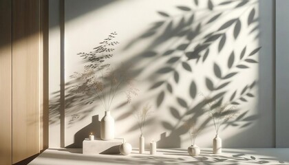 Minimalist background of blurred foliage shadows softly gracing a beige wall.
