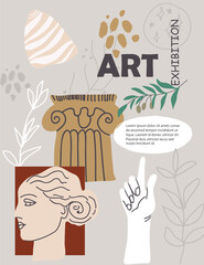 Art poster for the exhibition, magazine or cover, vector template with sculpture art, antique statues, modern ancient Greek or Roman style.