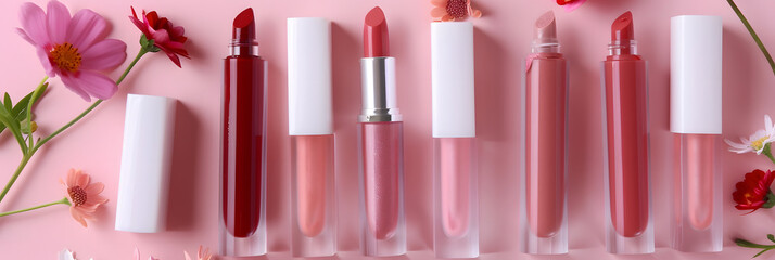 Different lip glosses, applicators and flowers on pink background, closeup - obrazy, fototapety, plakaty
