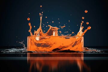 an orange liquid pouring into water with orange bubbles on it - obrazy, fototapety, plakaty