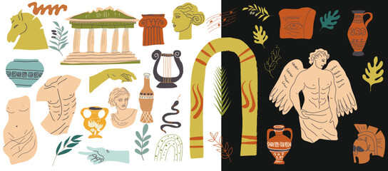 Ancient, Greek element set. Various Antique statues. Branch olive, amphora, column, angel. Heads of woman, snake, Classic Antique items in modern style. Contemporary arts. - obrazy, fototapety, plakaty