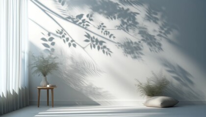 Minimalistic background of blurred foliage shadows softly gracing a white wall