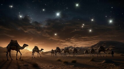 AI generated illustration of A herd of camels traversing a vast desert landscape beneath a clear sky