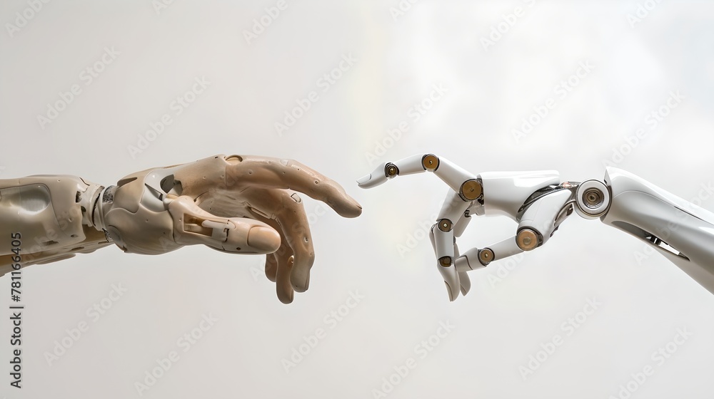 Poster the touch of technological evolution, human and robot hands about to connect. symbolic gesture of fu