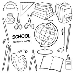 School tools, supplies. Stationery set backpack, globe, pencils, brushes, ink, ruler, books, glue. Back to school. Outline illustration, design elements or page of children's coloring book