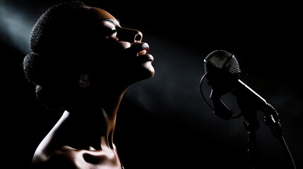 a woman is holding a microphone while singing into the microphone