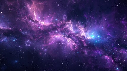 Mesmerizing expanse of the universe with a brilliant nebula at its center, radiating outward in shades of purple and blue, illuminated by countless stars. - obrazy, fototapety, plakaty