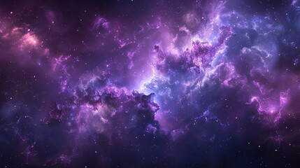 Mesmerizing expanse of the universe with a brilliant nebula at its center, radiating outward in shades of purple and blue, illuminated by countless stars.