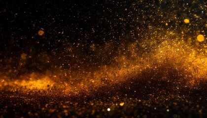 particules scintillantes et brillantes volant sur fond sombre noir lumiere orangee etoile paillette doree et flou cosmos univers espace fond pour banniere conception et creation graphique