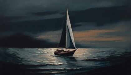 oil paint sailboat boat at sunset on the ocean