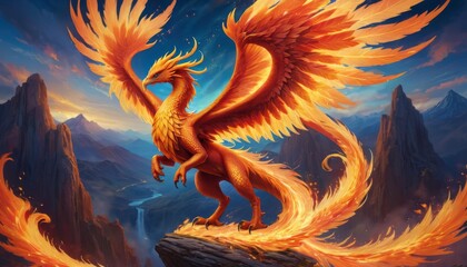 A striking image of a legendary phoenix in mid-flight, its wings ablaze with flames, set against a breathtaking mountainous backdrop.. AI Generation