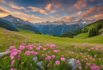 Serene Springtime: Idyllic Mountain Landscape in the Alps, Adorned with Blooming Meadows