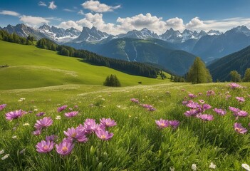 Serene Springtime: Idyllic Mountain Landscape in the Alps, Adorned with Blooming Meadows