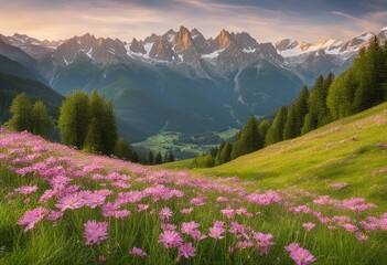 Serene Springtime: Idyllic Mountain Landscape in the Alps, Adorned with Blooming Meadows - obrazy, fototapety, plakaty