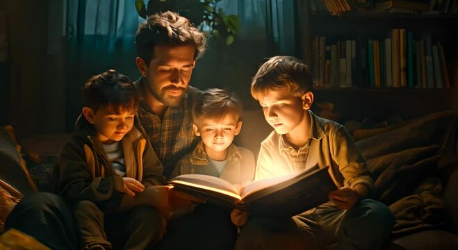 Illuminated by soft light, a family sits on a sofa, children deeply engaged in a shared book, a man indicating an important detail