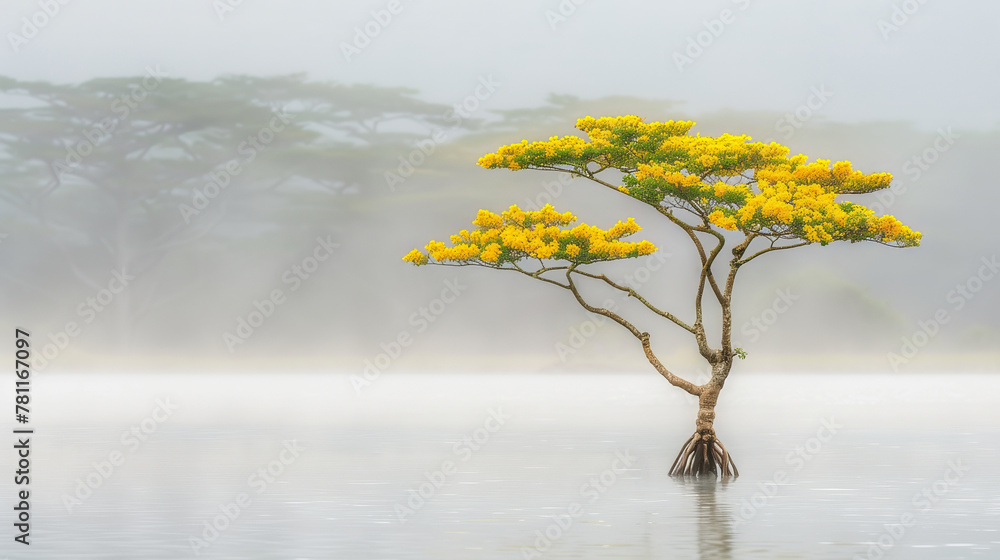 Wall mural ai generated illustration of a lonely golden tree in a lake