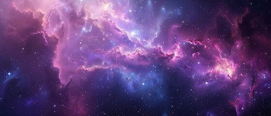 Mesmerizing expanse of the universe with a brilliant nebula at its center, radiating outward in shades of purple and blue, illuminated by countless stars. - obrazy, fototapety, plakaty