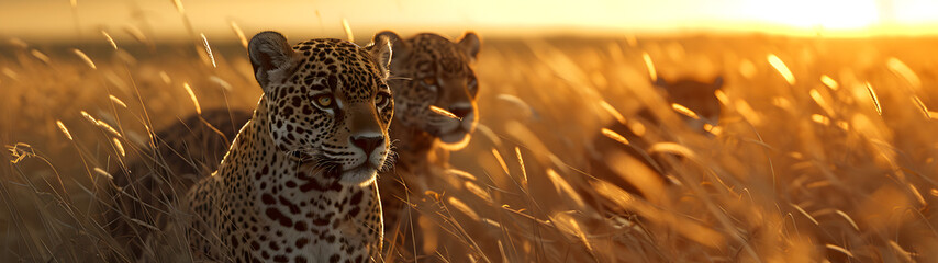 Jaguars standing in the savanna with setting sun shining. Group of wild animals in nature....