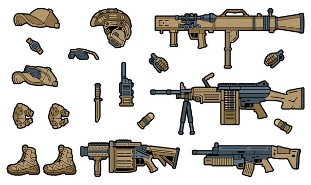 Military patch. Army badges on clothes. Gun Military Weapon. Heavy Machine Gun. Automatic Rifle. Army stamp. Military Clothing. Stock Vector Image